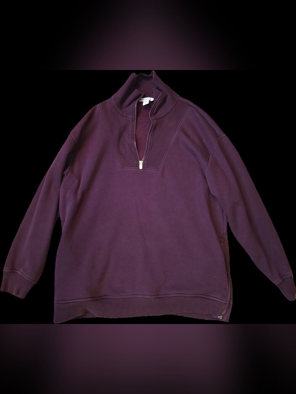 Athleta Womens Size Large Cozy Karma 1/4 Zip Sweatshirt, Maroon Plum, Side Zips